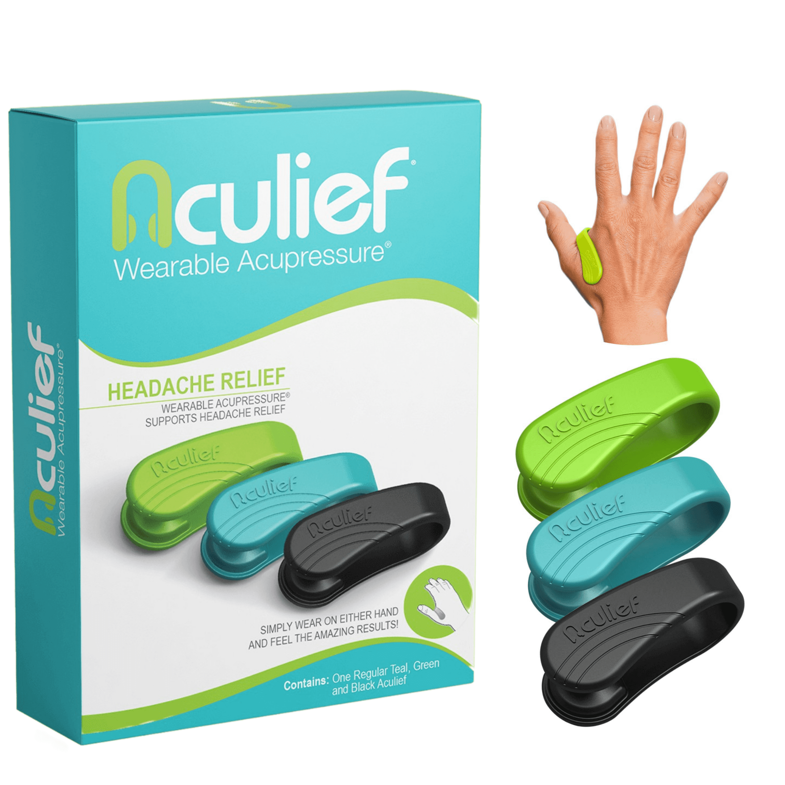 Aculief Wearable Acupressure Device 3 Pack Green, Teal & Black