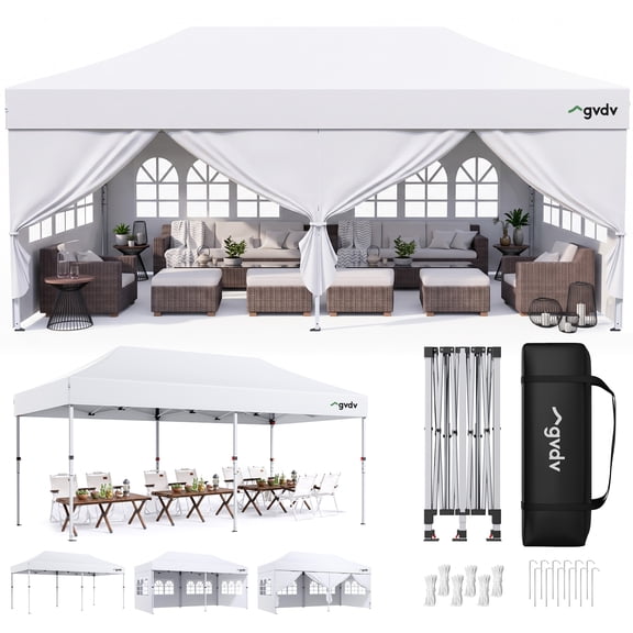 GVDV 10x20 Pop up Canopy Tent Party Tent Outdoor Event Instant Tent Gazebo with Removable Sidewalls and Carry Bag, White