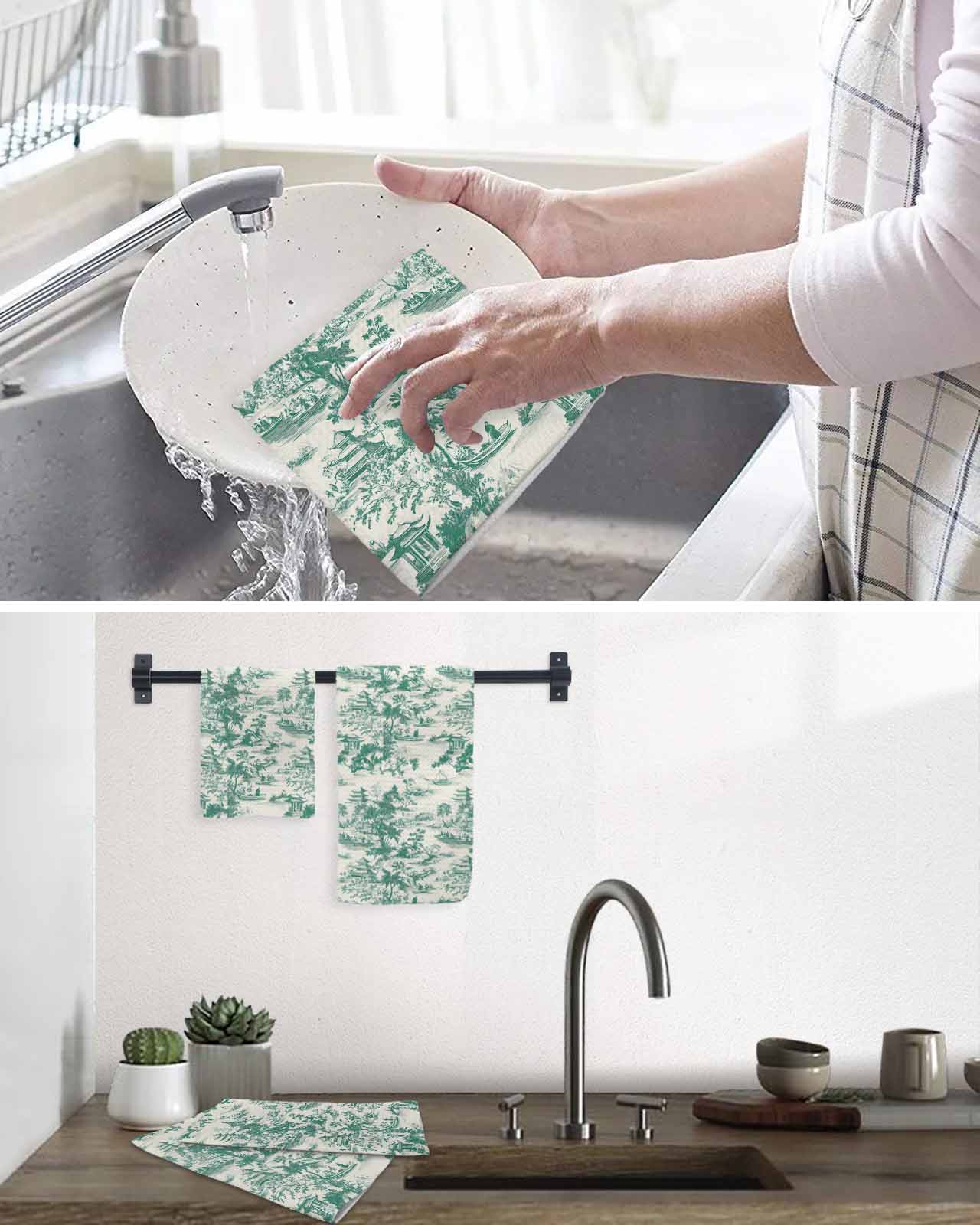 Green Garden Retro Kitchen Dish Towels for Drying Dishes Set of 4, Modern Art Building Tree Boat Waffle Weave Microfiber Terry Hand Tea Bathroom Towels Quick Dry & Absorbent Towel 15.7x23.6