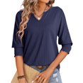 thumbnail image 2 of T-Shirts d'Été Décontractés Tendance pour Femmes - Manches 3/4, Texturé Uni, Design Col en V, 2 of 7