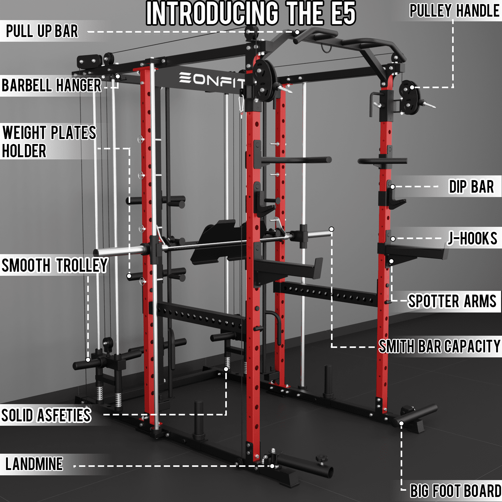 Eonfit E5 Smith Machine with Vertical Leg Press, Power Cage Squat Rack with LAT-Pull Down Cable Crossover Rotating Arms System Home Gym Equipment All in One (E5  RED）)