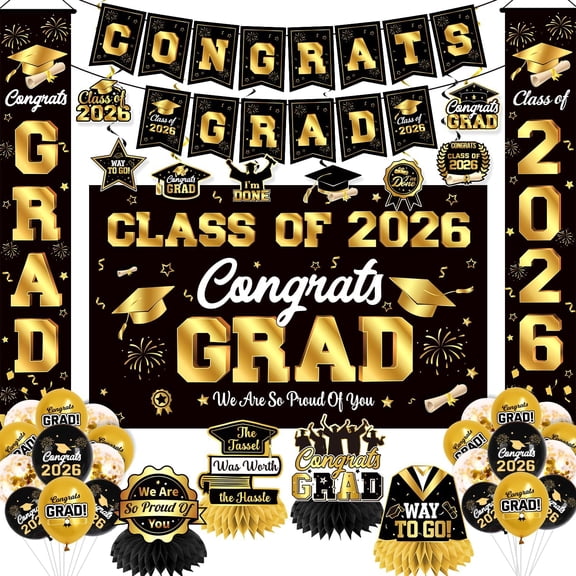 PUMIER Class of 2026 Graduation Party Decorations Kit - Complete Theme with Banner, Balloons, Backdrop, Honeycomb Balls & Hanging Ornaments for Grad Celebrations