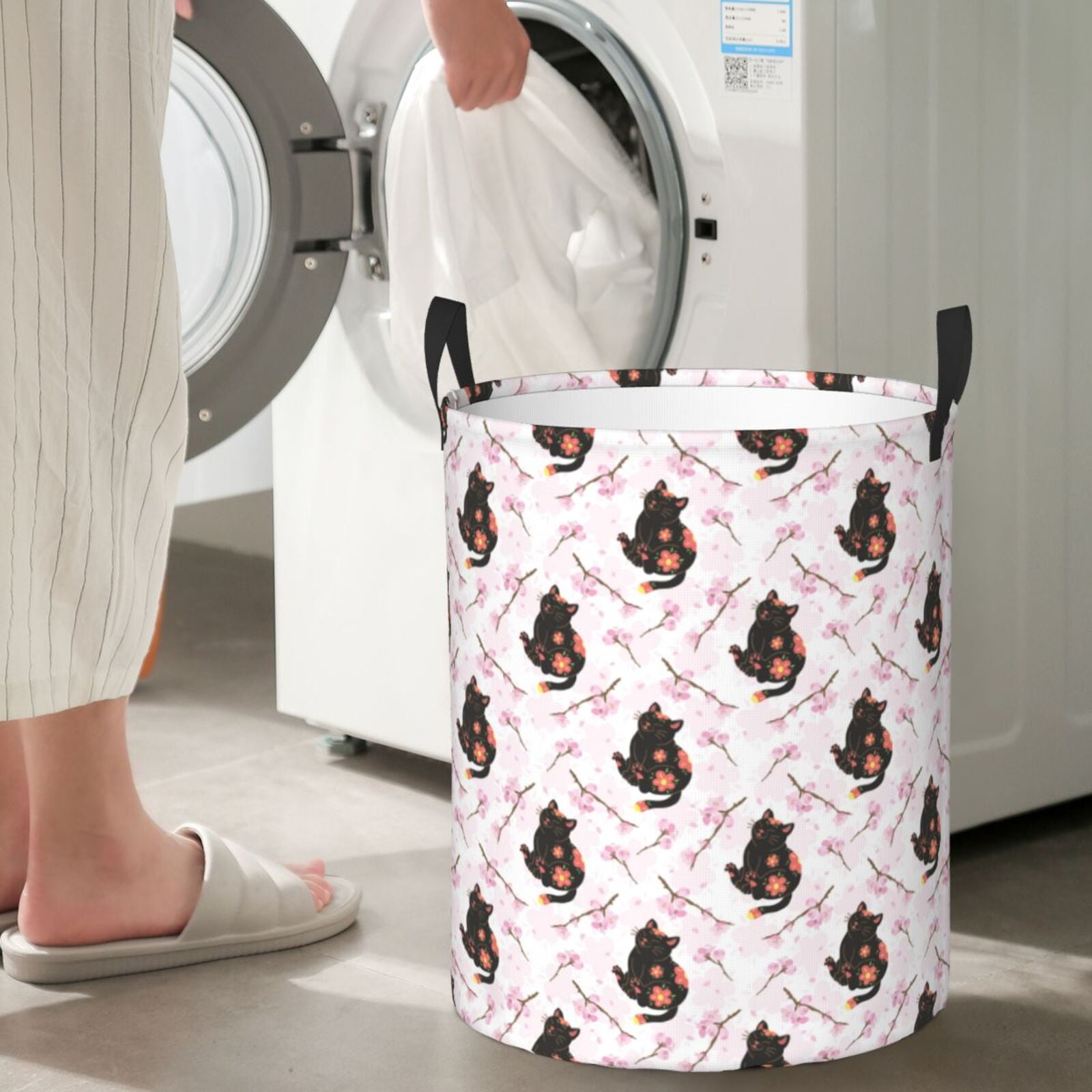 Large Laundry Basket with Handles - Artistic Cute Cat Flower Kids Baby Dirty Clothes Laundry Hamper for Bedroom Aesthetic
