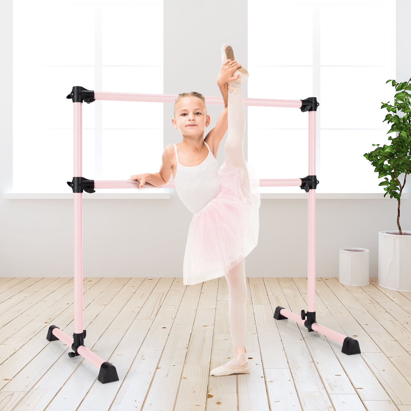 Double Barre de Danse Classique pour Stretching 120x75x120 CM Hauteur Réglable Charge 80 KG pour Enfants et Adultes Rose