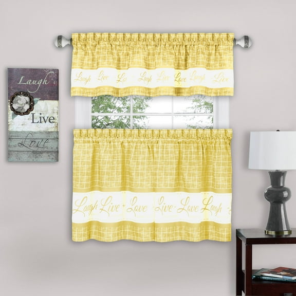 Achim Live, Love, Laugh Window Curtain Tier Pair and Valance Set - 58x24 - Yellow