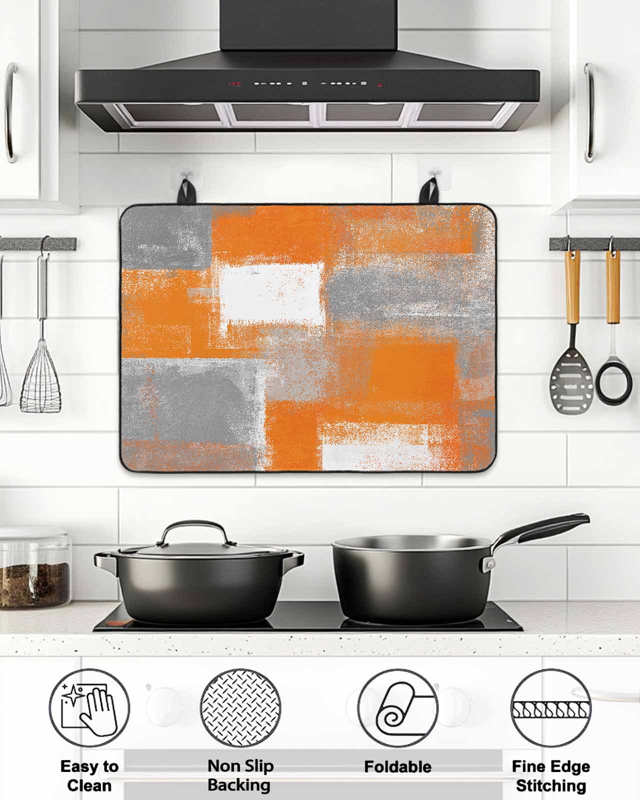 Stove Top Covers for Electric Stove, Orange Grey Glass Stovetop Cover Protector, Modern White Mottled Graffiti Art Painting Induction Cooktop Protector Oven Mat for Kitchen Countertop 24"x21"