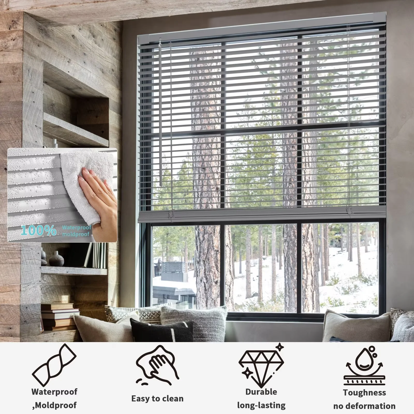 MYshade No Tools-No Drill Gray-34"W*48"H Cordless 1" Light Filtering Mini Blinds for Indoor Windows Horizontal Shades with Smooth Lift & Dustproof Slats