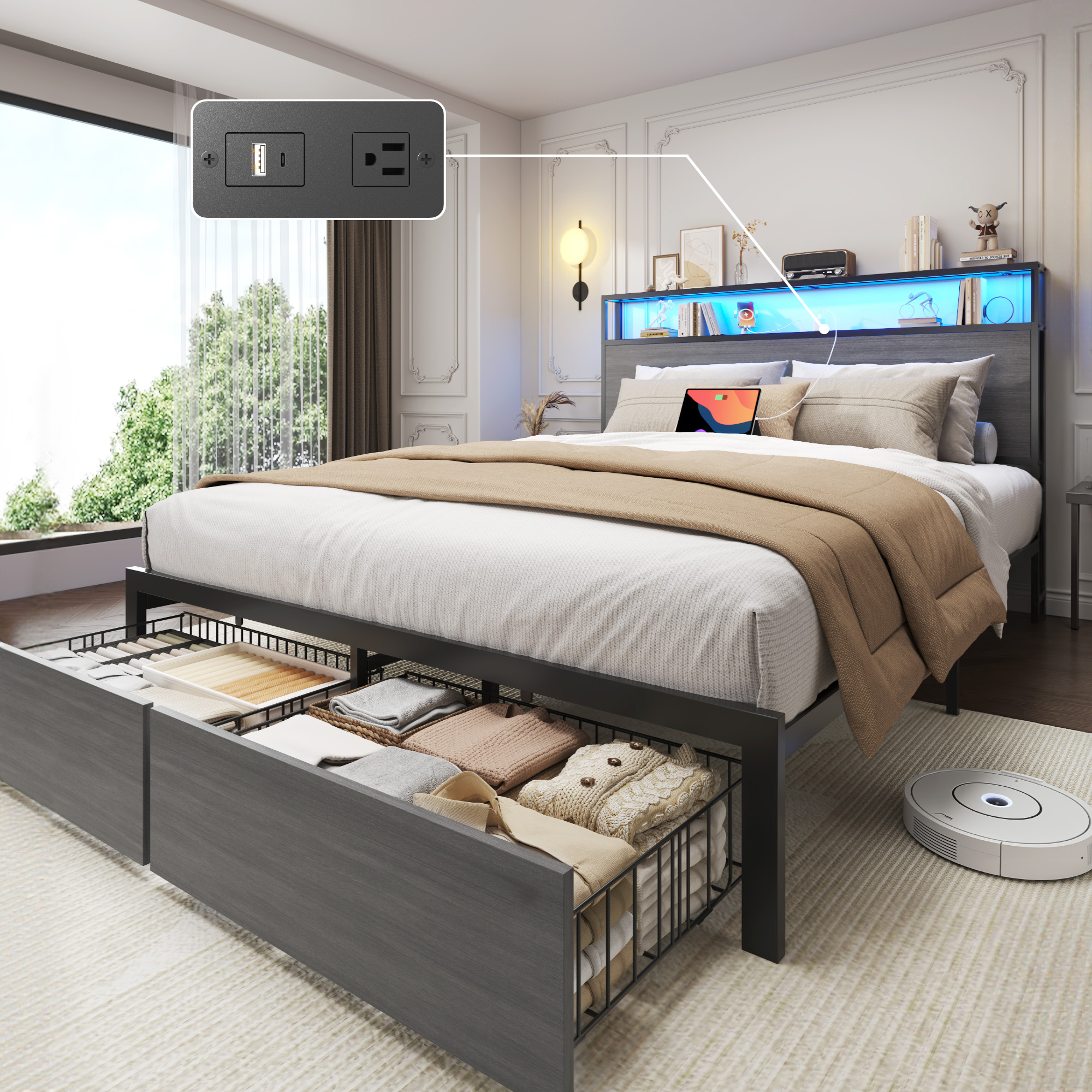 Full Bed Frame with Headboard and Storage, 2-Tier Storage Headboard & Foot-Board Drawers, Rustic Grey