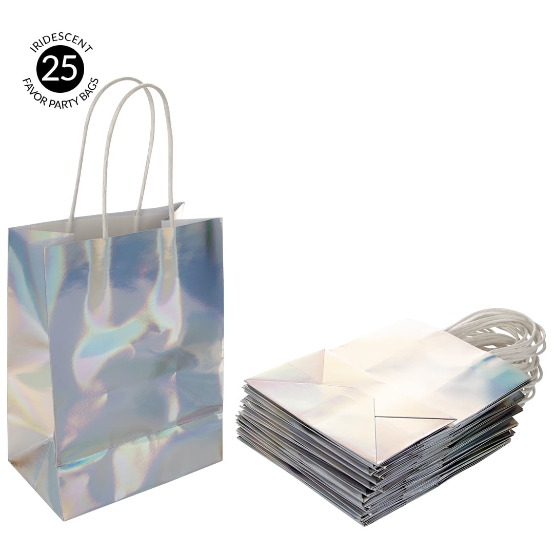 Koyal Wholesale Iridescent Party Bags with Handles, 5.75 x 7.75 inches, 25 Pack Holographic Silver Foil Gift Bags