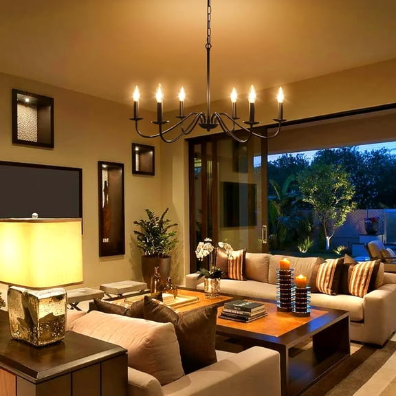 Plug in Chandelier Lighting with Long Cord, 6-Light Black Farmhouse Chandeliers for Dining Room Light Fixture, Hanging Lights with Plug in Cord, Rustic Candle Chandelier for Living Room Bedroom Foyer