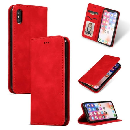 iPhone XS Max Leather Case, Dteck Smooth PU Leather Flip Folio Wallet Card Slots Case Cover Stand Feature & Magnetic Closure For Apple iPhone XS Max 6.5 inch, Red