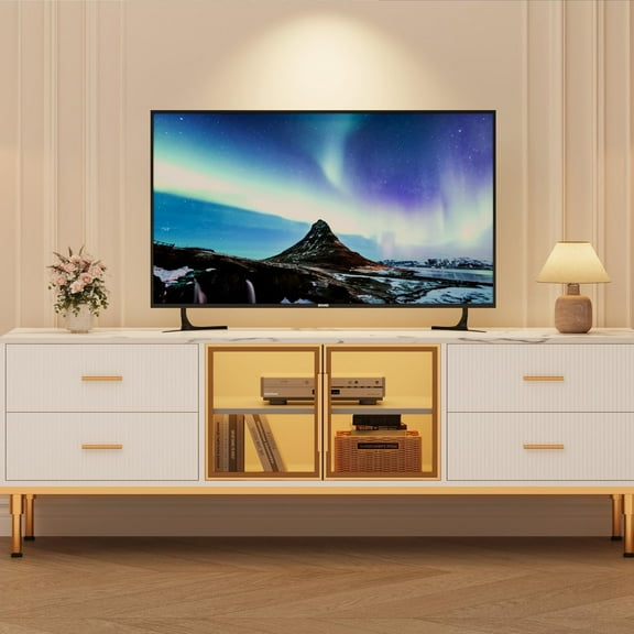 65 Inch TV Stand with LED Lights, Modern Entertainment Center with 4 Drawers & Shelves & Glass Doors, TV Console Table for 55/65/75 Inch TV, Large Low Profile TV Stands for Living Room