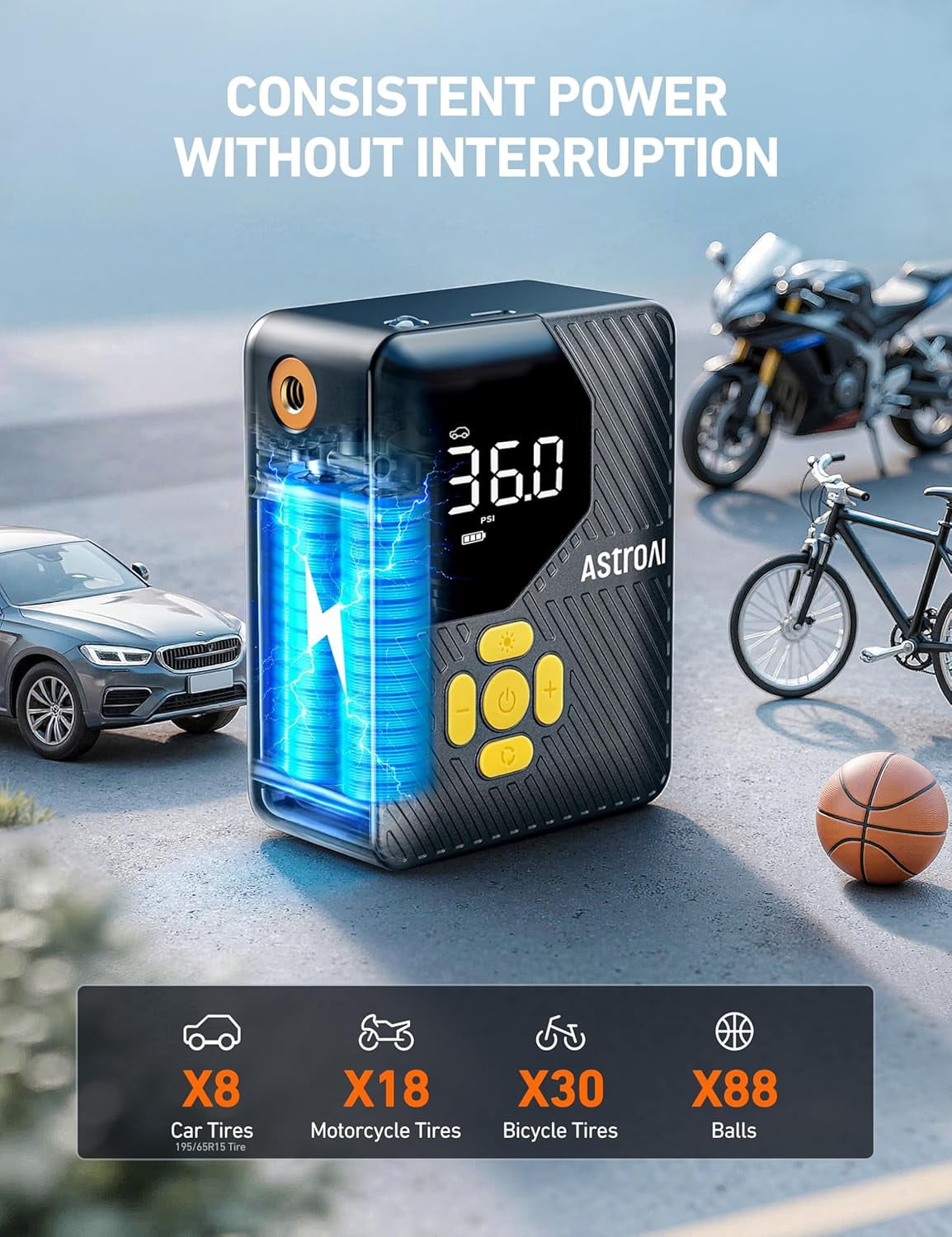 AstroAI Tire Inflator Portable Air Compressor,150 PSI Cordless Car Tires Air Pump with LED Lights&Pressure Gauge,Auto Shut-Off - Tire Pump for Auto,Motorcycle, Bicycle, Ball Yellow