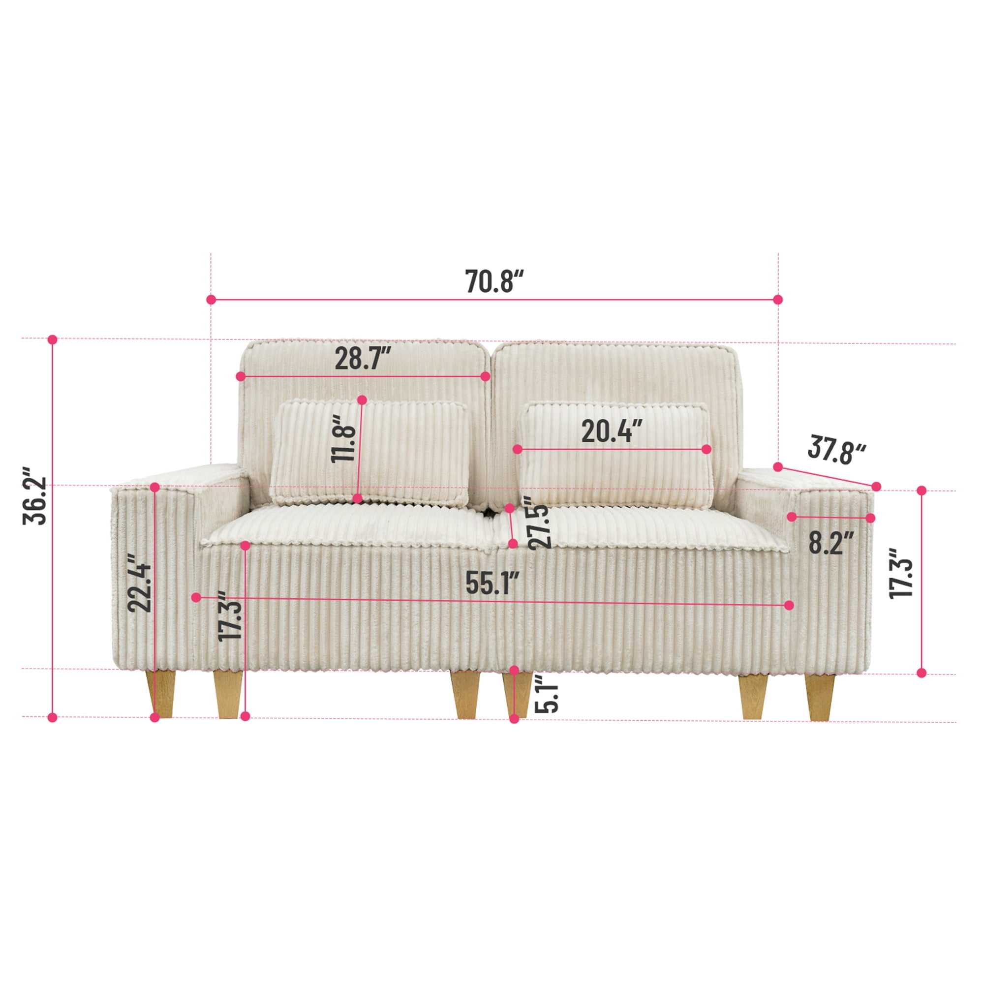 Aukfa 3 Piece Sofa Set - 71" Deep Seat Couch Loveseat Couch w/ Cup Holders&Pillows, Solid Wood Legs, Beige