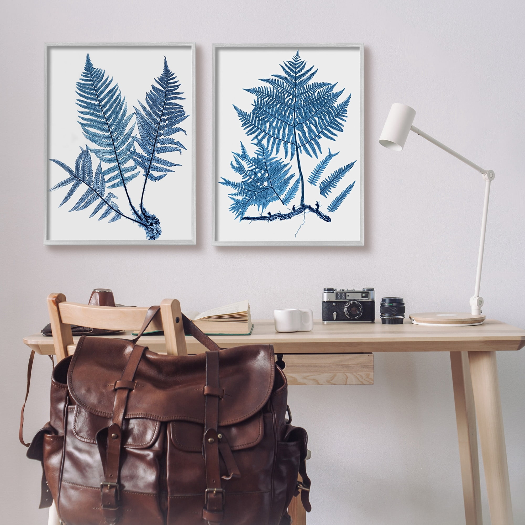 Stupell Industries Bold Blue Ferns Woodland Nature Botanical & Floral Painting Gray Framed Art Print Wall Art, Set of 2