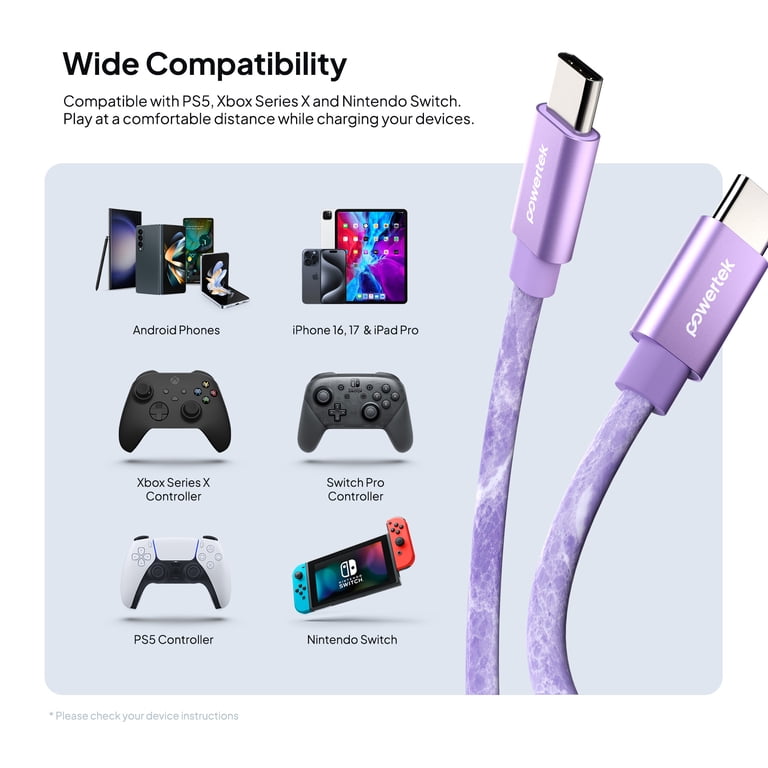 Powertek Marble 6ft USB-C to USB-C Cable, Purple photo 5