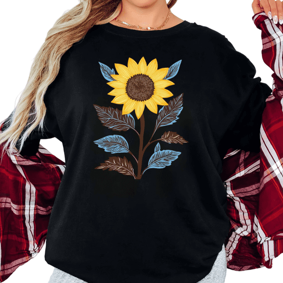 Women's Stylized Sunflower With Blue And Brown Leaves Floral Graphic Comfortable T Shirt Short Sleeve Round Neck Top Black S-5XL