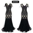 thumbnail image 5 of Vestido largo estilo flapper con flecos y lentejuelas vintage de los años 20 para mujer, vestido largo formal de noche para boda, vestidos de cóctel para fiesta, negro y dorado, 5 of 5