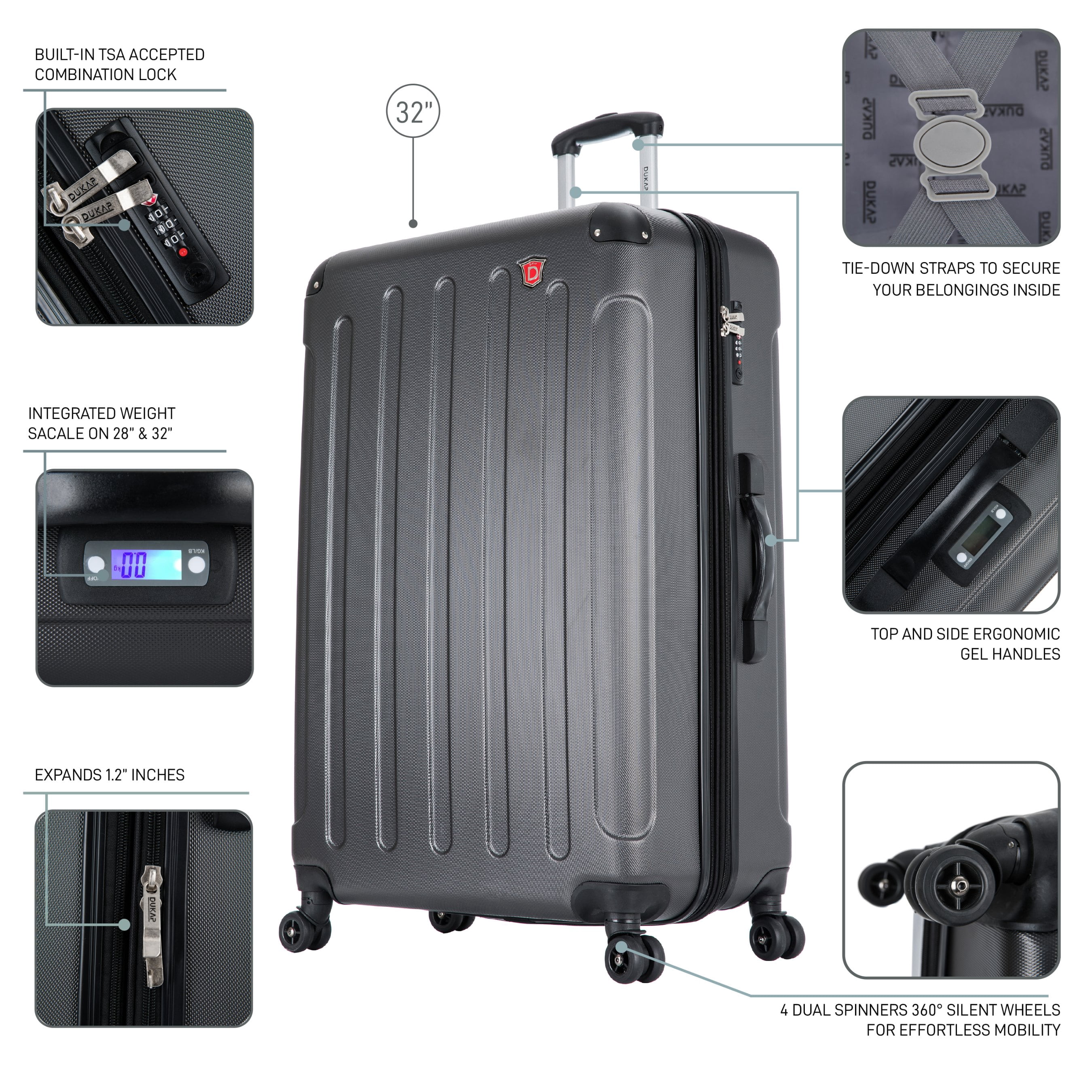 DUKAP Intely 32" Hardside Lightweight Luggage with Spinner Wheels and Integrated Weight Scale, Gray