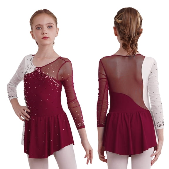 renvena Girl's Figure Skating Dress Ballet Dance Gymnastics Leotard Skating Size 6-16 Burgundy 12