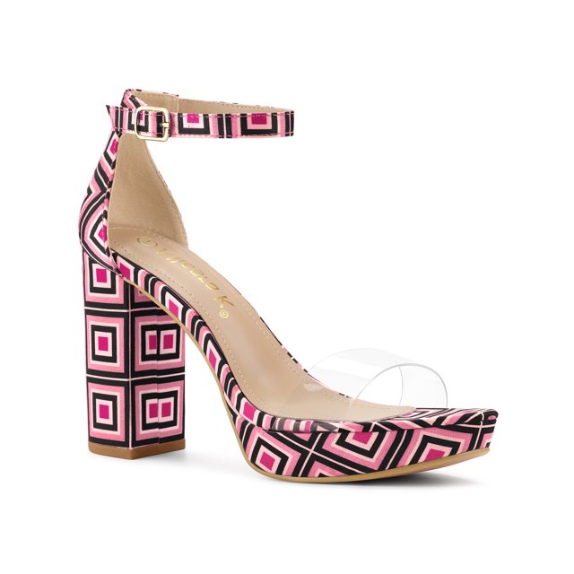 BLISSFUL STEP Women's Shoes Colorful Platform Chunky Heels Ankle Strap Clear Open Toe Sandals Hot Pink 10