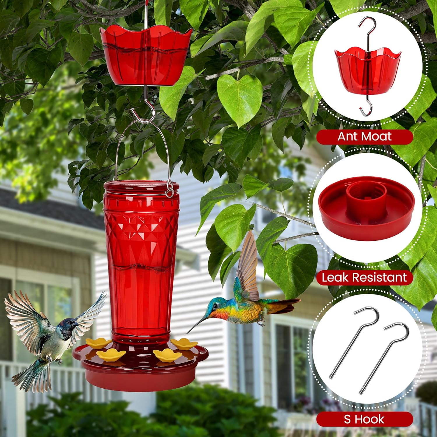 Glass Hummingbird feeders for Outdoors 2pack-14Ounces，5 Feeding Ports Feeder,Wide Mouth Easy Filling/Cleaning，Hanging Garden Backyard Decor, Includes Ant Moat (Red，2Pack)