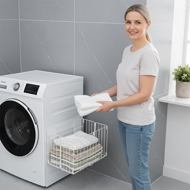 Magnetic Collapsible Laundry Basket, Foldable Metal Pop-Up Hamper for Washing Machine Side, White