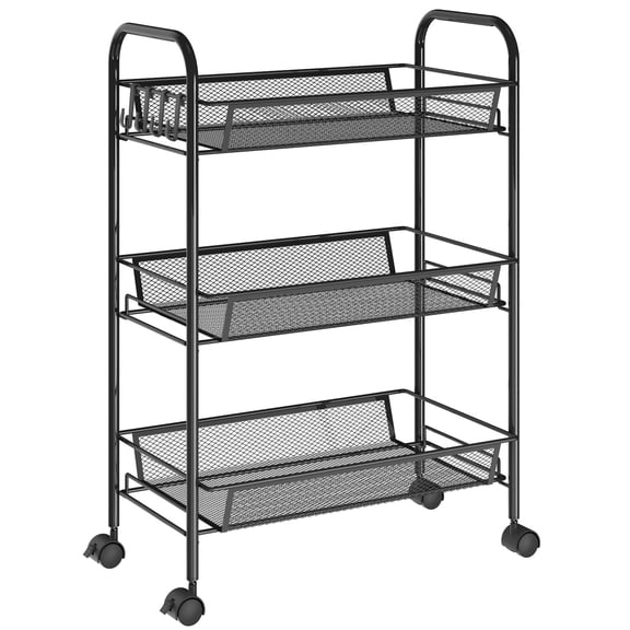 Cshidworld 3-Tier Metal Slim Rolling Storage Cart, Bathroom Storage Organizer Rolling Utility Mesh Storage Cart for Office, Bathroom, Kitchen, Laundry Room & Narrow Places, Black