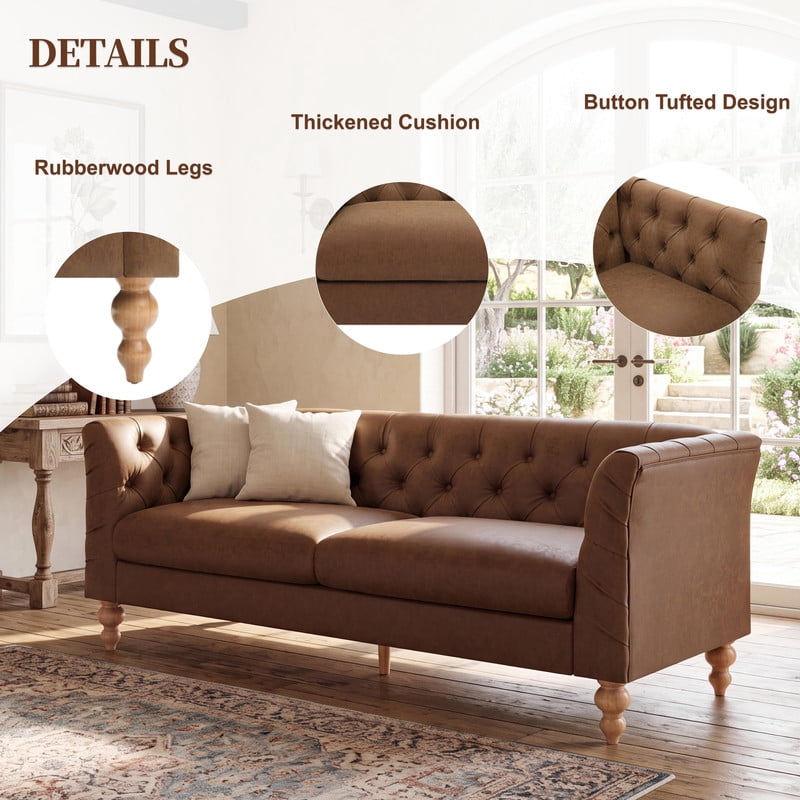 Chesterfield PU Leather 3-Seater Sofa, Upholstered Couch with Flared Arms, Tufted Back & Solid Rubber Wood Legs