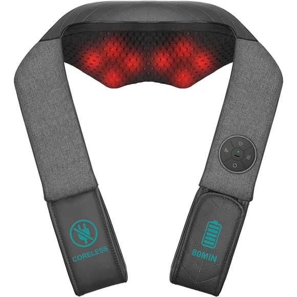 Nekteck Cordless Shiatsu Neck Massager with Heat for Pain Relief,Portable Massage Pillow - Grey