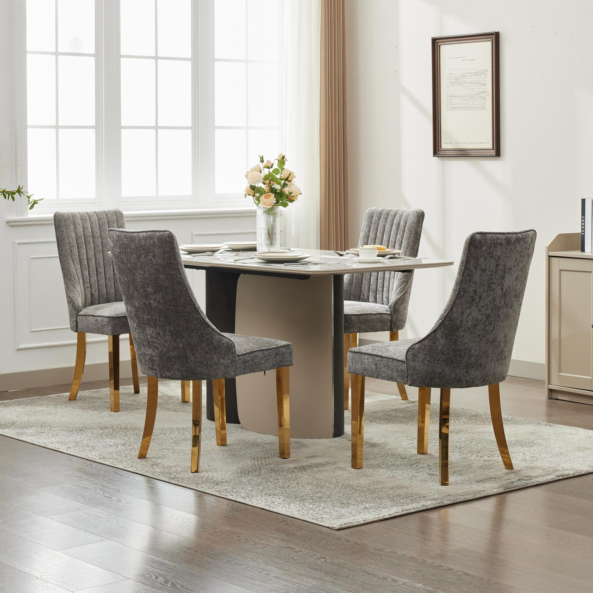 Aukfa Modern Chenille Dining Chairs Set of 2, Upholstered Kitchen Side Chair Accent Chair w/ Golden Steel Legs,Gray