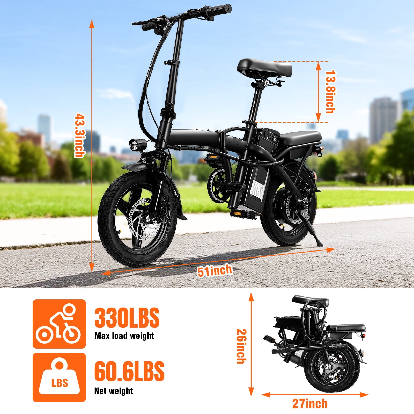 14 Inch Foldable Adult Electric Bicycle, 48V 10Ah 400W Motor, 3-Speed Gearing, Dual Spring Shock Absorbers, Front and Rear Led Safety Lights, Portable Design