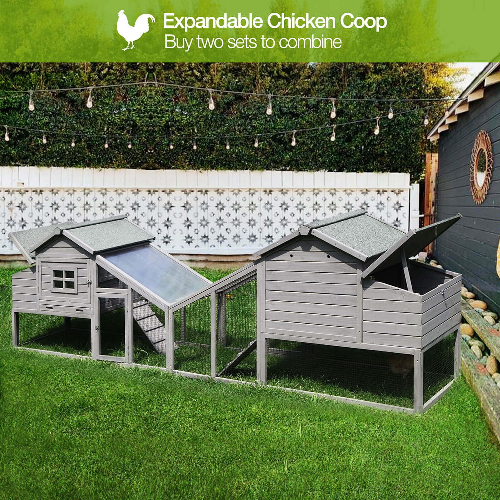 BUTINGLALE Outdoor Mobile Chicken Coop with Wheels Hen House with Nesting Box Wooden Bunny Cage Large Duck House with Run UV Roof Rabbit Hutch(Grey)