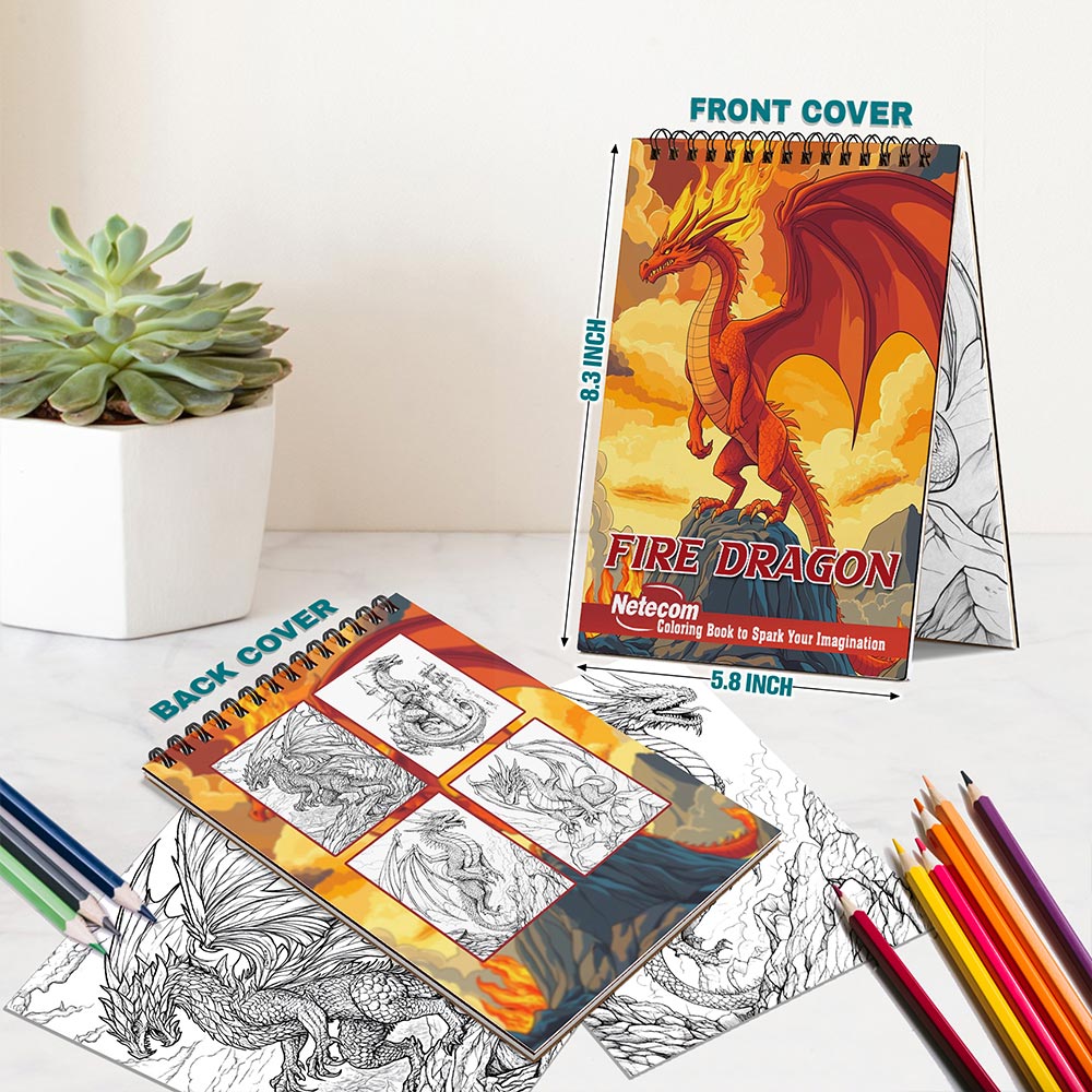 Netecom Fire Dragon Coloring Book Spiral Bound for Adults, A5 Wooden Cover, 30 Majestic Coloring Pages of Mighty Creatures for Stress Relief and Relaxation