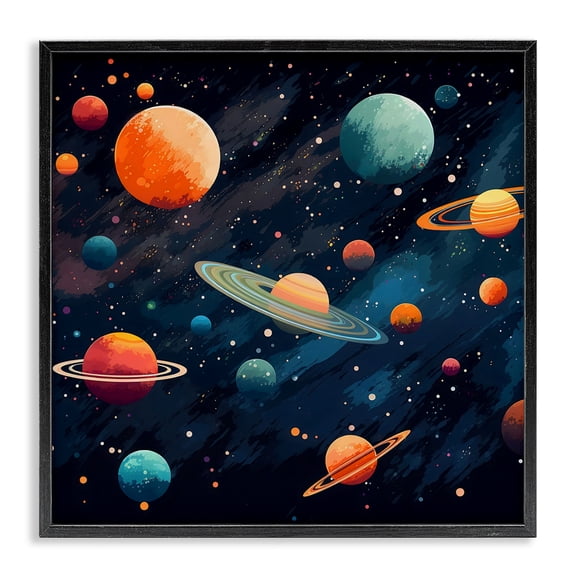Stupell Industries Orange & Blue Planets in Orbit Black Framed Giclee Art, design by Creative Studio