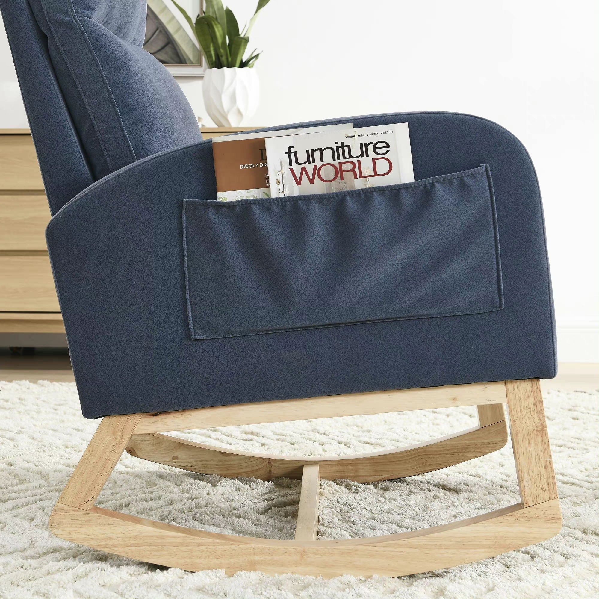 Zechuan Rocking Chair for Nursery - Living Room Lounge Armchair with Side Pockets - Blue Velvet