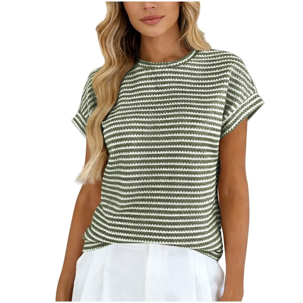 Moda de Verano de las Mujeres Casual Montado Color Sólido Cuello Redondo de Punto Camiseta de Poliéster Ligero Suave Cómodo de Manga Corta