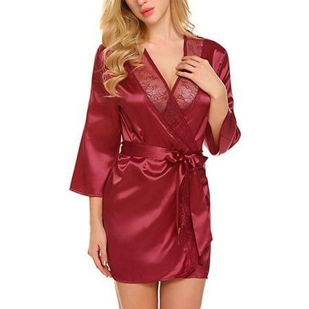 

YIWEI Women Satin Robes Summer Wrap Dressing Gown Bathrobe Nightgown Pajamas Red L