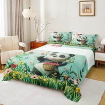 Castle Fairy Cartoon Panda 3pcs Twin Sheet Sets,Floral Animal Twin Fitted Sheet,Kawaii Wildlife Breathable Flat Sheet,Super Cozy Cute Room Decor