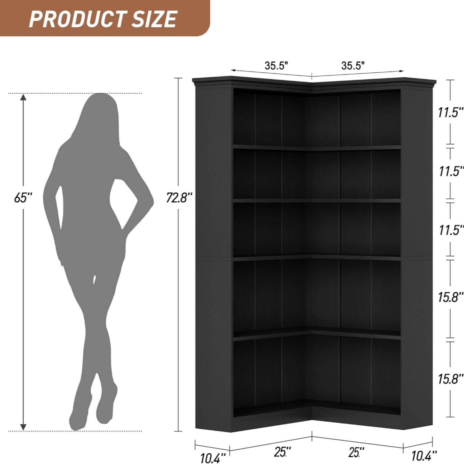Garvee Large 5-Tier L-Shaped Corner Bookshelf, 35.5 x 35.5 x 72.8", Black