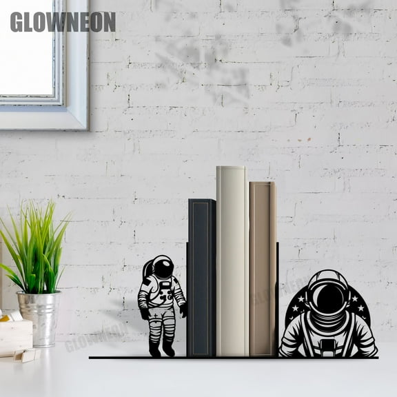 GLOWNEON Astronaut Rocket Bookends, Metal Holders for Office, Shelves Decor, Space Lover Gifts