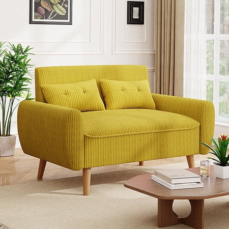 Walsunny 49" Loveseat Sofa Couch, 2-Seat Fabric Upholstered Sofa with 2 Removable Pillows, Modern Loveseat Couch, Wood Leg, Yellow
