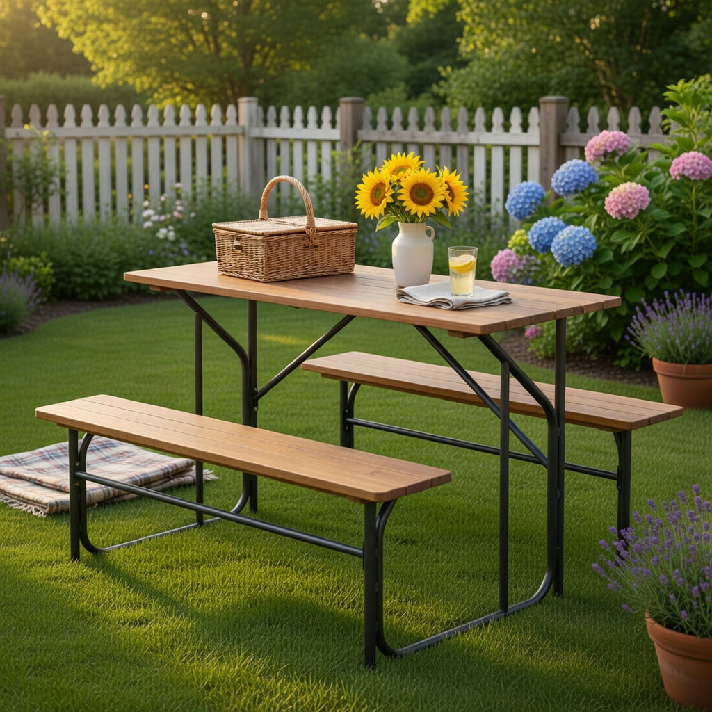 Hommoo Acacia Wood Outdoor Picnic Table & Bench Set for 2, Heavy-Duty Metal Frame, 52-inch Seating, Ideal for Backyard, Patio, Balcony, Black & Natural