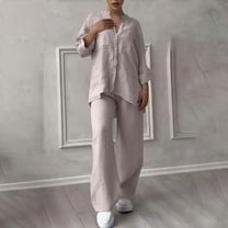 UVEASISHA Cotton Linen 2 Piece Outfits for Women Long Sleeve Matching Sets Solid Casual Button Down Shirts and Drawstring Wide Leg Pants Set Beige XXXXL