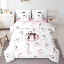 Manfei Girly Pink Pumpkin Twin Bedding Sets 7-Piece, Gothic Bat Ghost Print Bedding Comforter Set, Sugar Halloween Reversible Sheet Sets, Breathable Home Decor