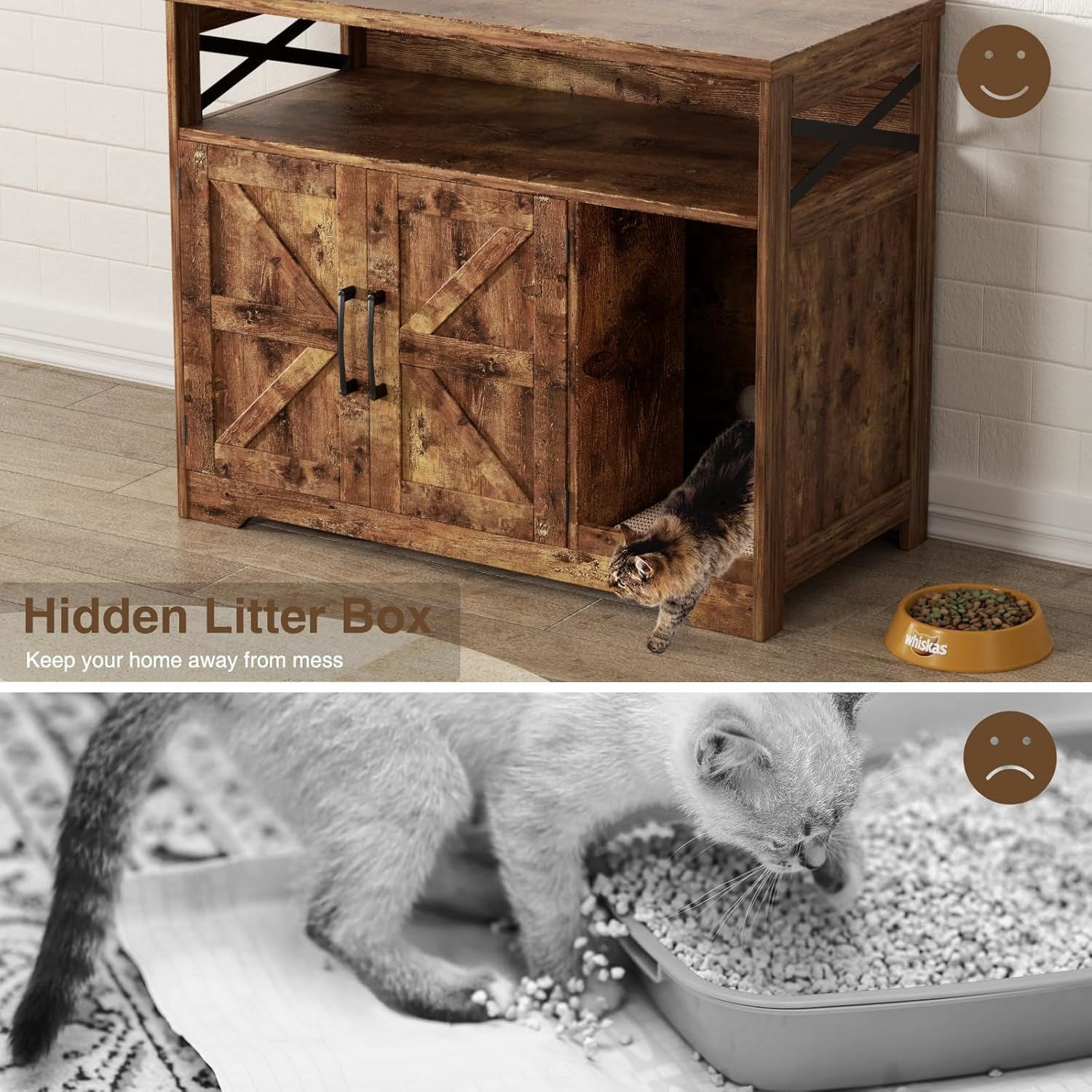 VEANERWOOD Cat Litter Box Enclosure with Cat Scratch Pad,Hidden Cat Washroom Furniture with Entry Open Compartment,Retro Brown