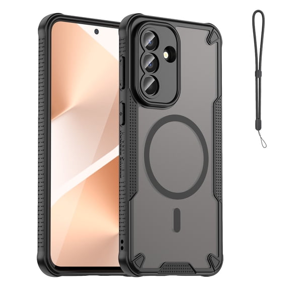 Mynvo Case for Samsung Galaxy A57 with Wrist Strap, Support Wireless Charging Matte Hard PC TPU Slim Lightweight Protective Rugged Shockproof Magnetic Back Cover for Women Men, Black