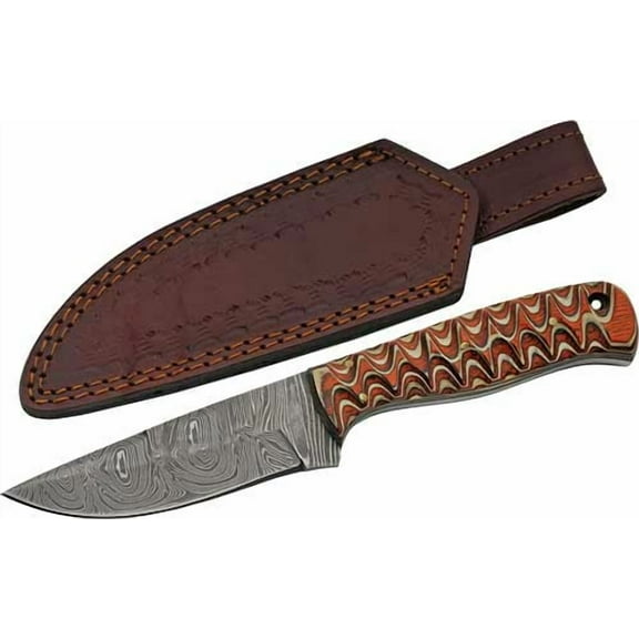 SZCO Supplies 8" Damascus Steel Fixed Blade Outdoor Knife with Twisted Orange Wood Handle and Leather Sheath