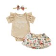 thumbnail image 3 of Gupgi Baby Girl Summer 2Pcs Outfit Infant Letter Print Short Sleeve Romper+Ruffled Floral Shorts+Headband, 3 of 9