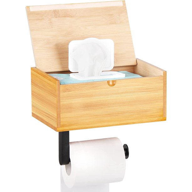 Soporte de papel higiénico con estante y almacenamiento, soporte de papel higiénico montado en la pared de bambú, soporte de papel higiénico de gran capacidad para baño brillar Electrónica